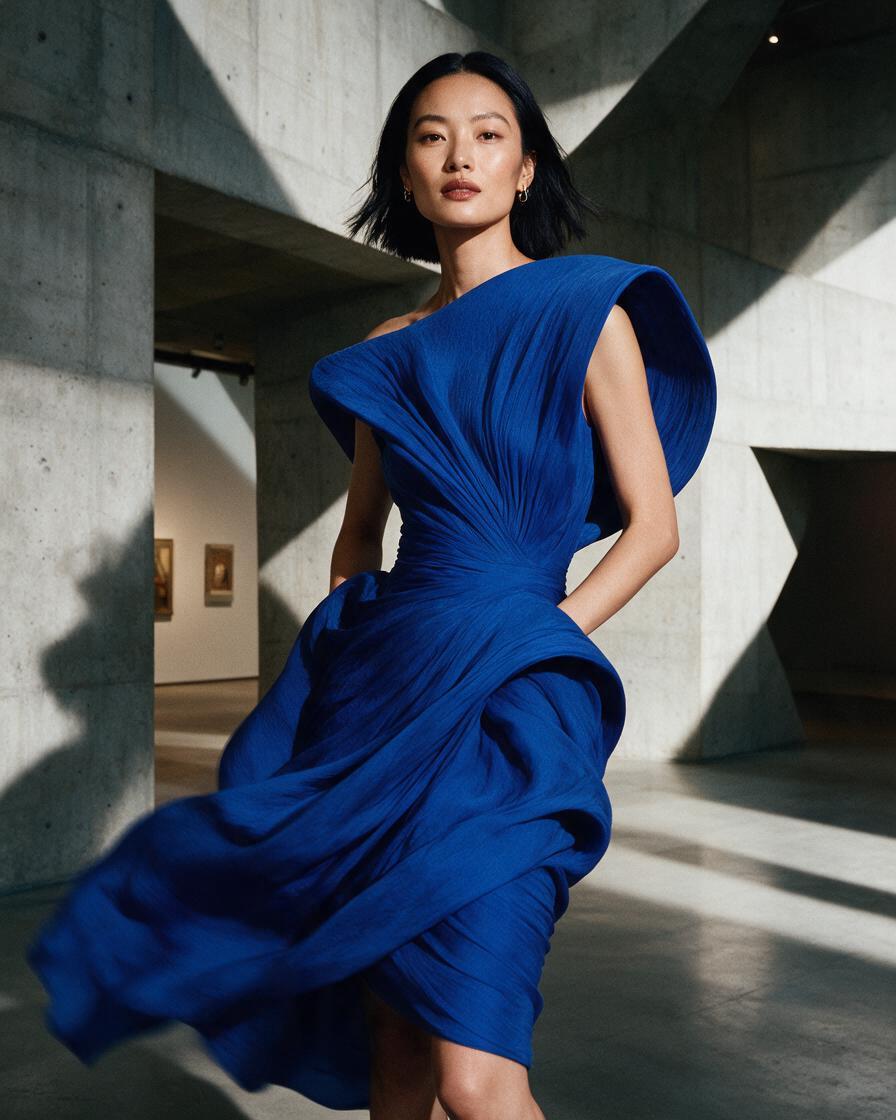 Seedream 5.0 Pro cobalt blue fashion editorial portrait in a brutalist gallery